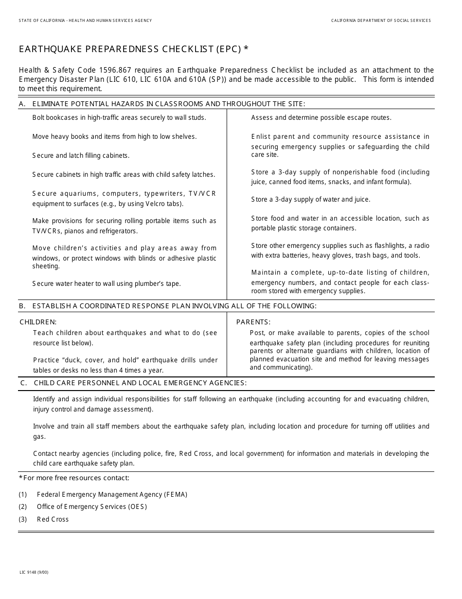 Form LIC9148 Earthquake Preparedness Checklist (Epc) - California, Page 1
