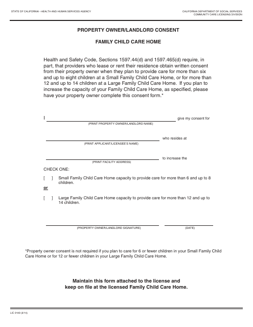 Form LIC9149 Family Child Care Home Property Owner/Landlord Consent Form - California