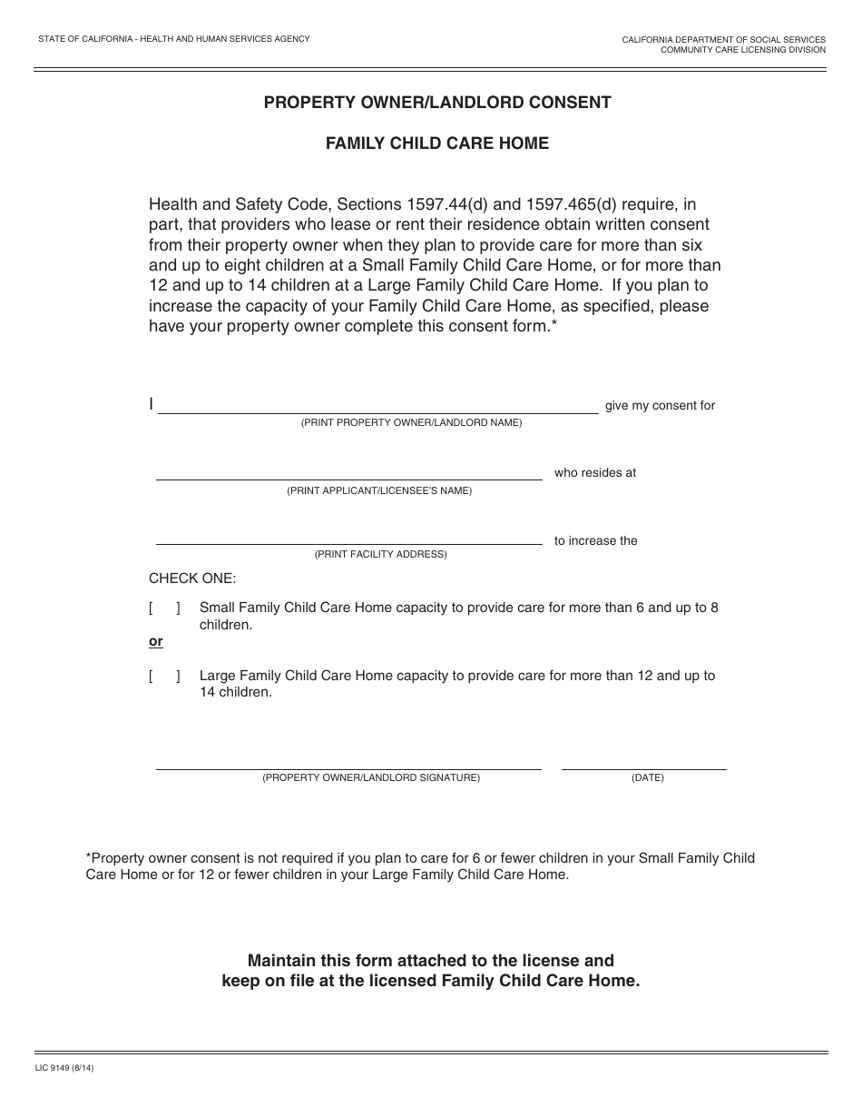 Form LIC9149 Family Child Care Home Property Owner / Landlord Consent Form - California, Page 1
