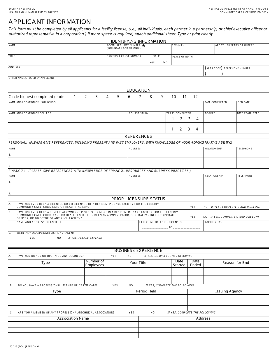 Form Lic215 - Fill Out, Sign Online And Download Fillable Pdf 