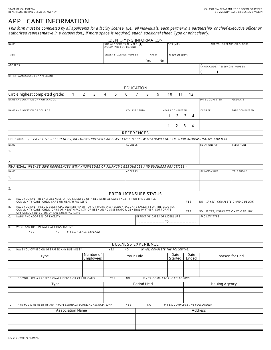 Form LIC215 Applicant Information - California, Page 1