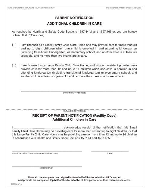 Form LIC9150 Parent Notification Additional Children in Care - California