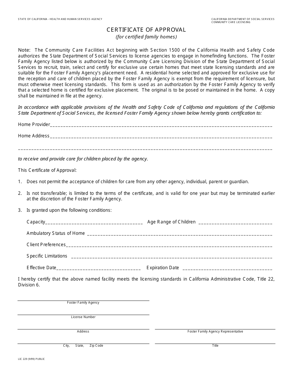 Form LIC229 Certificate of Approval - California, Page 1