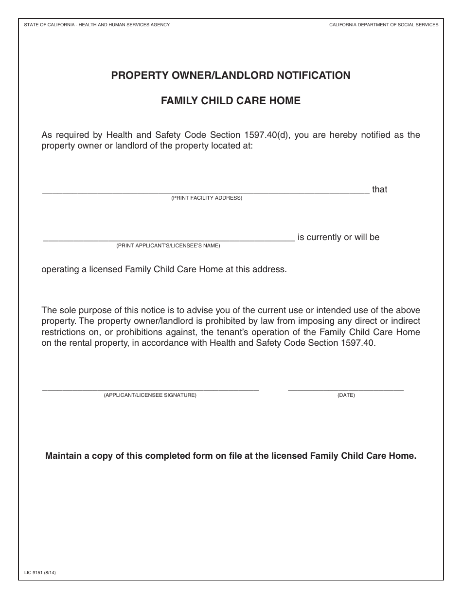 Form LIC9151 Property Owner / Landlord Notification Family Child Care Home - California, Page 1