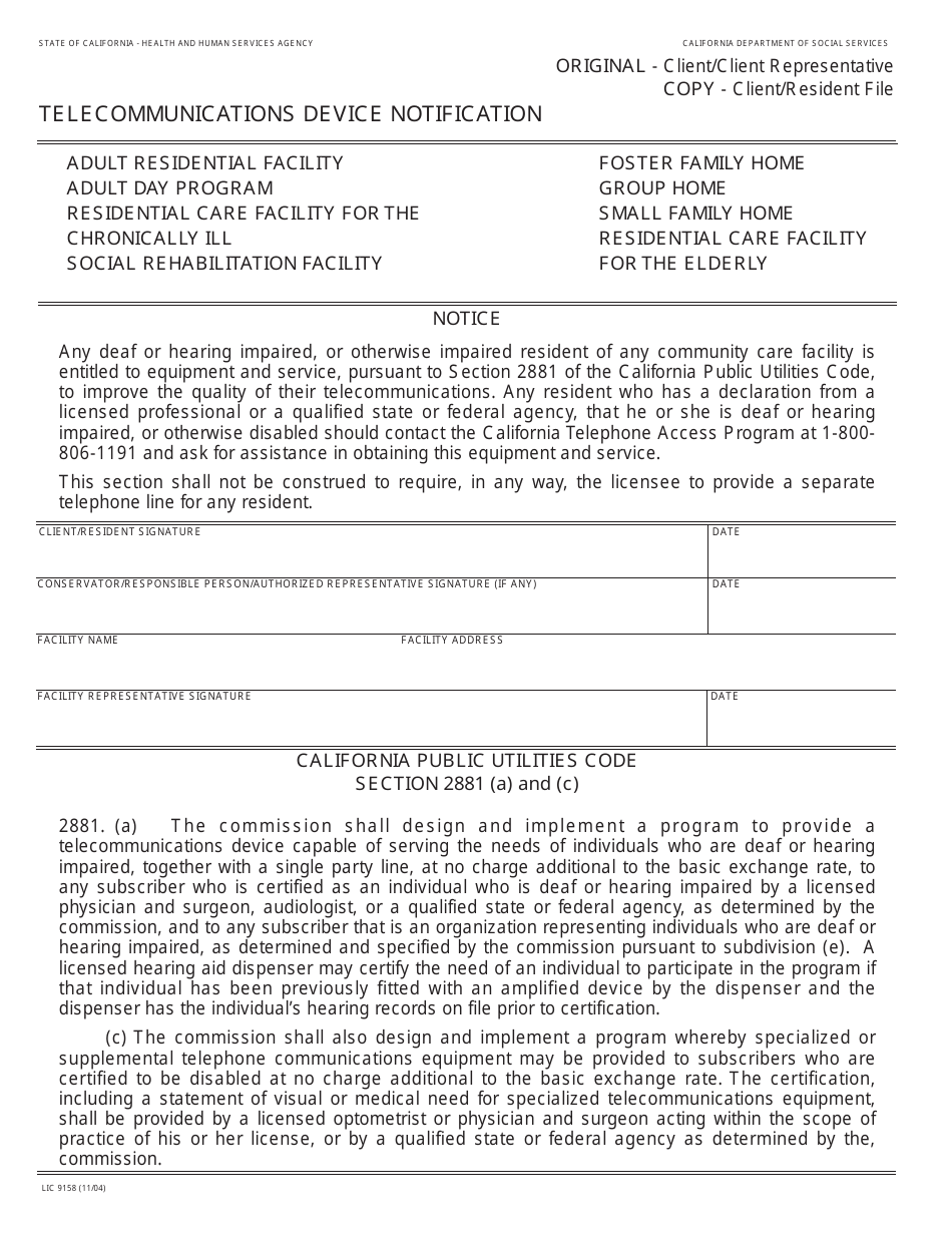 Form LIC9158 Telecommunications Device Notification - California, Page 1