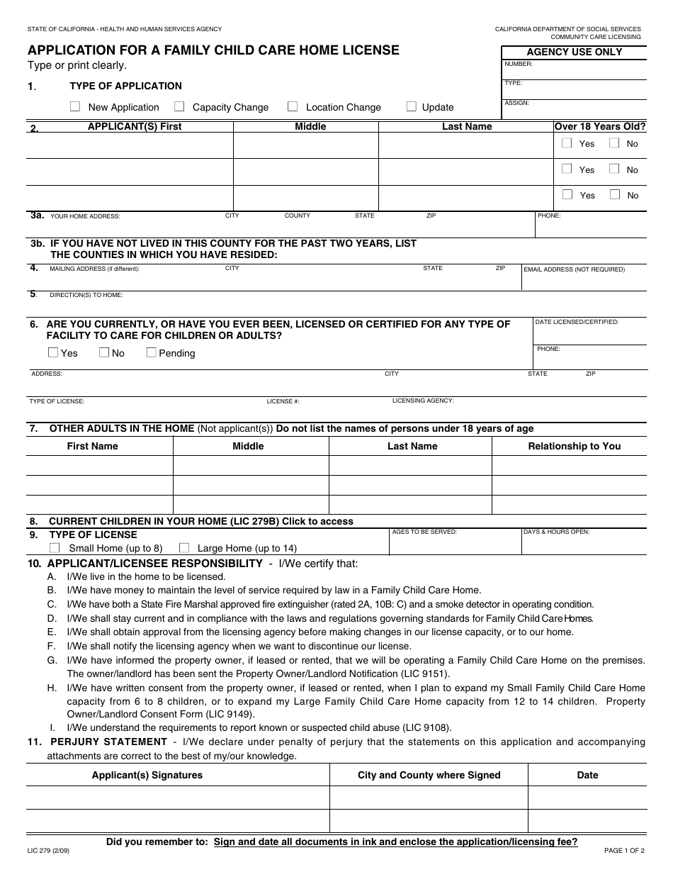 Form LIC279 Application for a Family Child Care Home License - California, Page 1