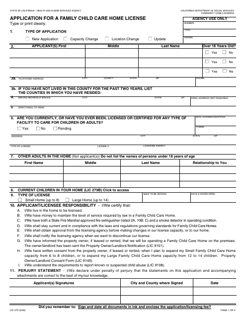 Form LIC 279 Download Fillable PDF, Application for a Family Child Care ...