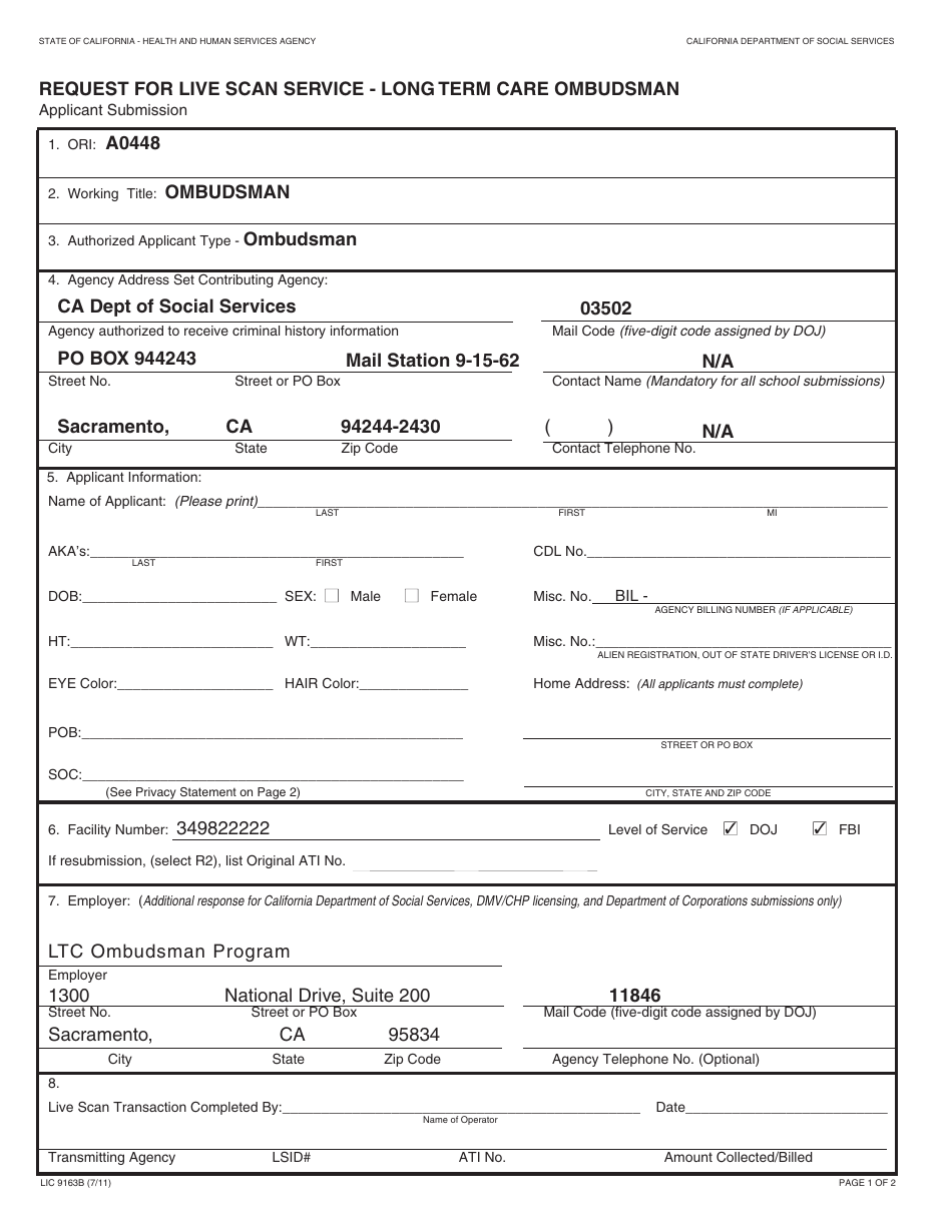 Form LIC9163B Request for Live Scan Service - Long Term Care Ombudsman - California, Page 1