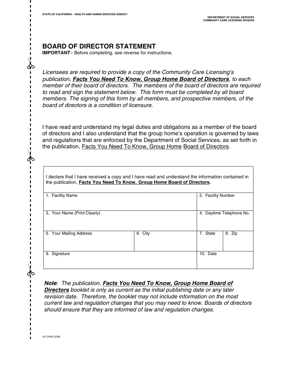 Form LIC9165 Board of Director Statement - California, Page 1