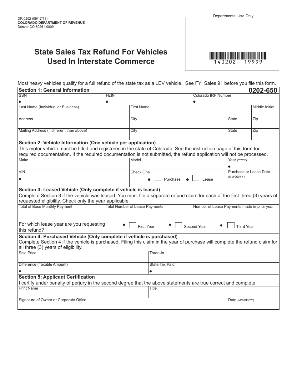Form DR0202 State Sales Tax Refund for Vehicles Used in Interstate Commerce - Colorado, Page 1