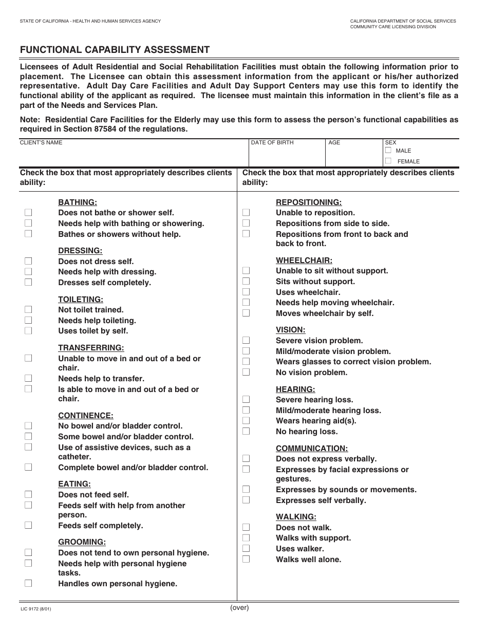 Form LIC9172 Functional Capability Assessment - California, Page 1
