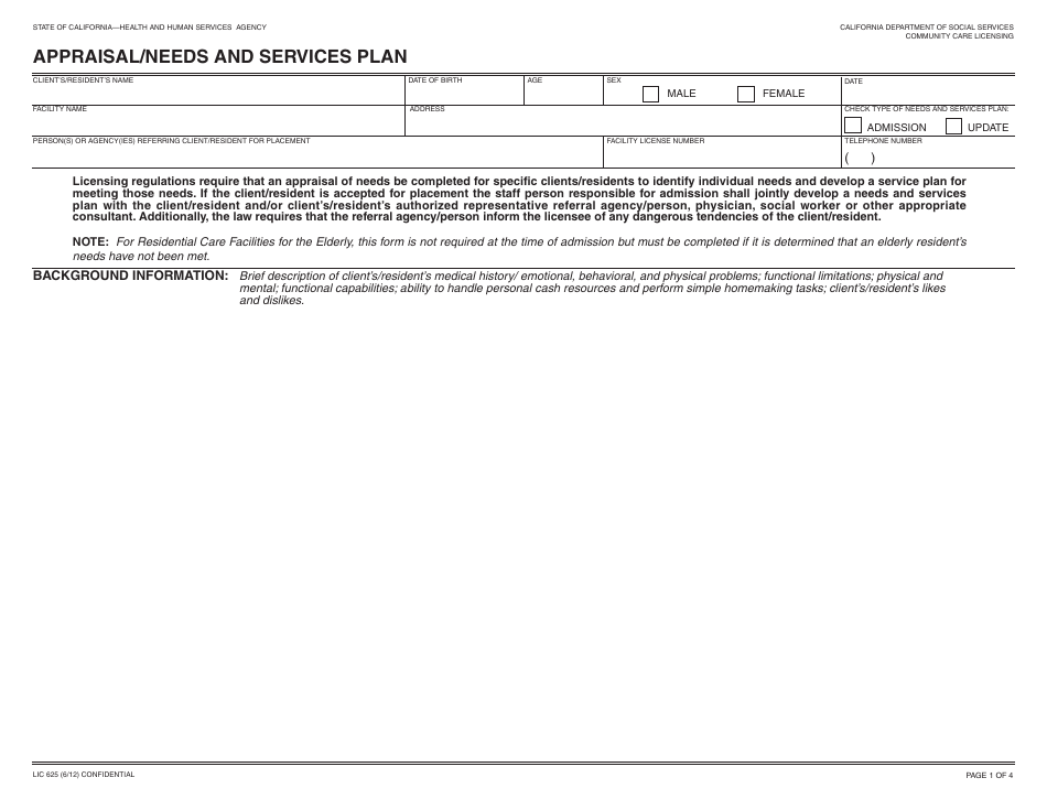 Form LIC625 Appraisal / Needs and Services Plan - California, Page 1