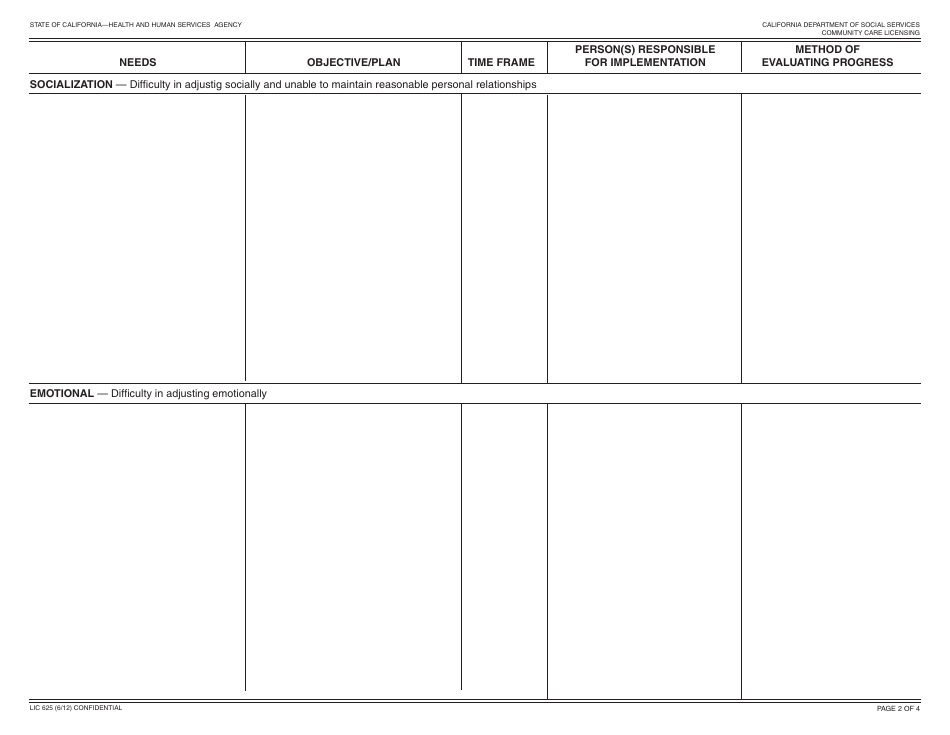 Form LIC625 Appraisal / Needs and Services Plan - California, Page 2