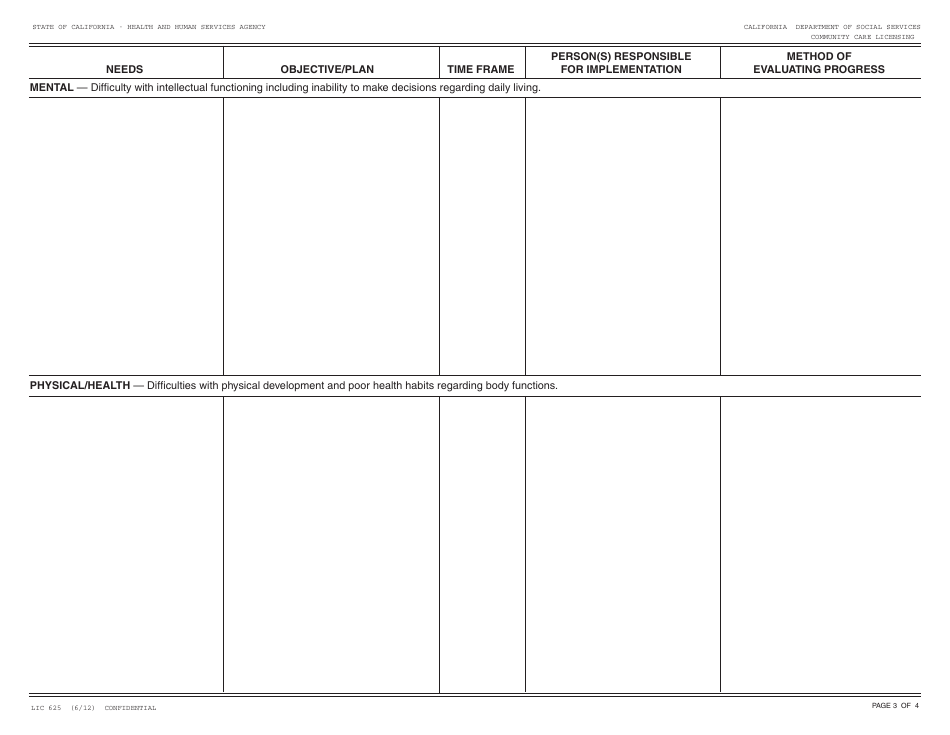 Form LIC625 Appraisal / Needs and Services Plan - California, Page 3