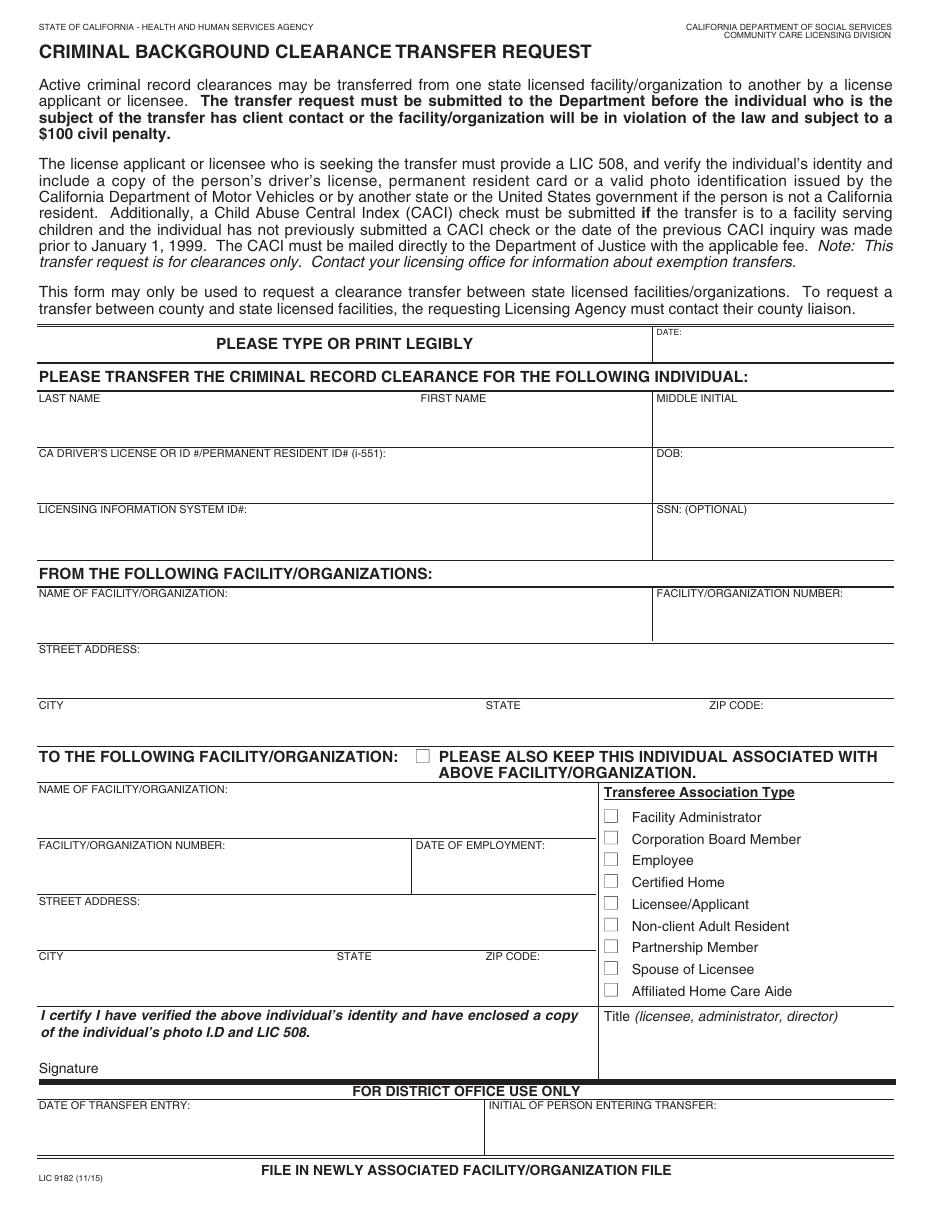 Form LIC9182 Criminal Background Clearance Transfer Request - California, Page 1