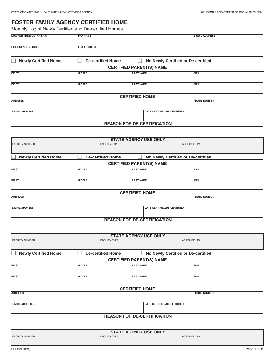 Form LIC9185 Foster Family Agency Certified Home - California, Page 1