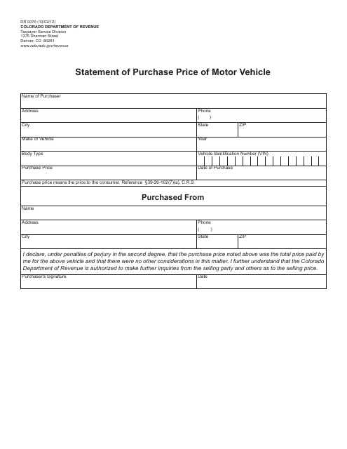 Form DR0070 Statement of Purchase Price of Motor Vehicle - Colorado
