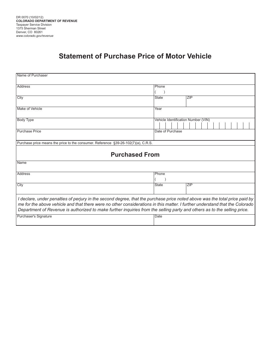 Form DR0070 Statement of Purchase Price of Motor Vehicle - Colorado, Page 1