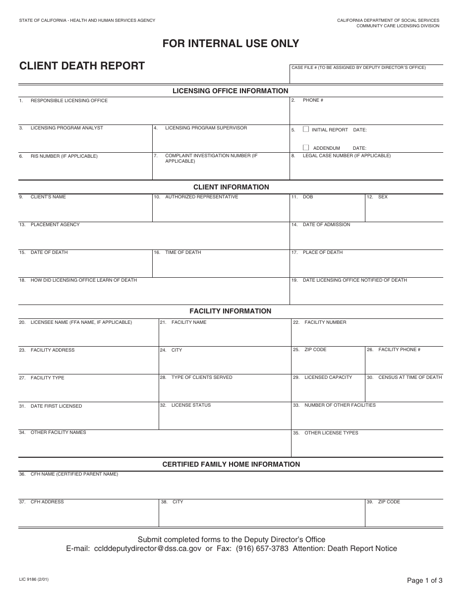 Form LIC9186 Client Death Report - California, Page 1