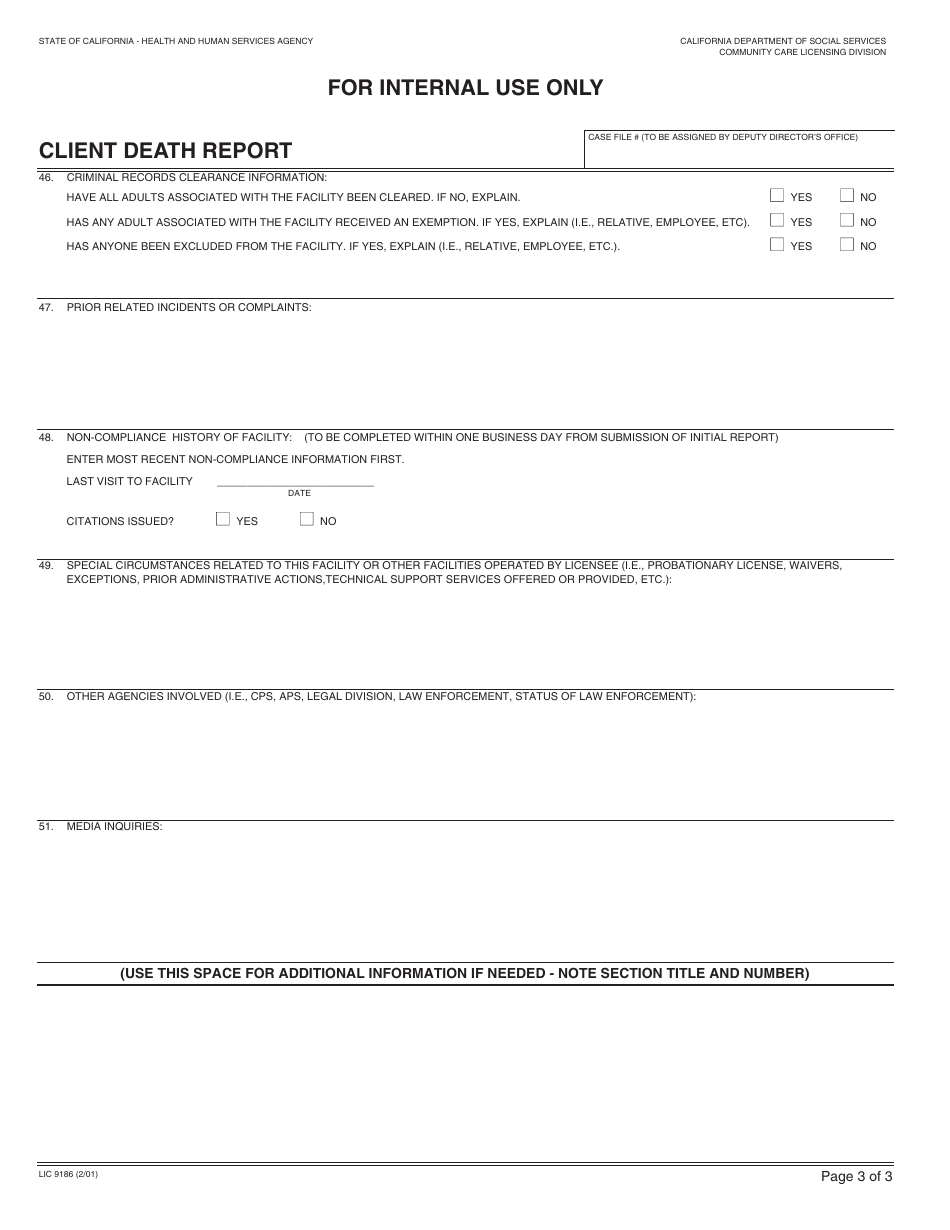 Form LIC9186 Client Death Report - California, Page 3