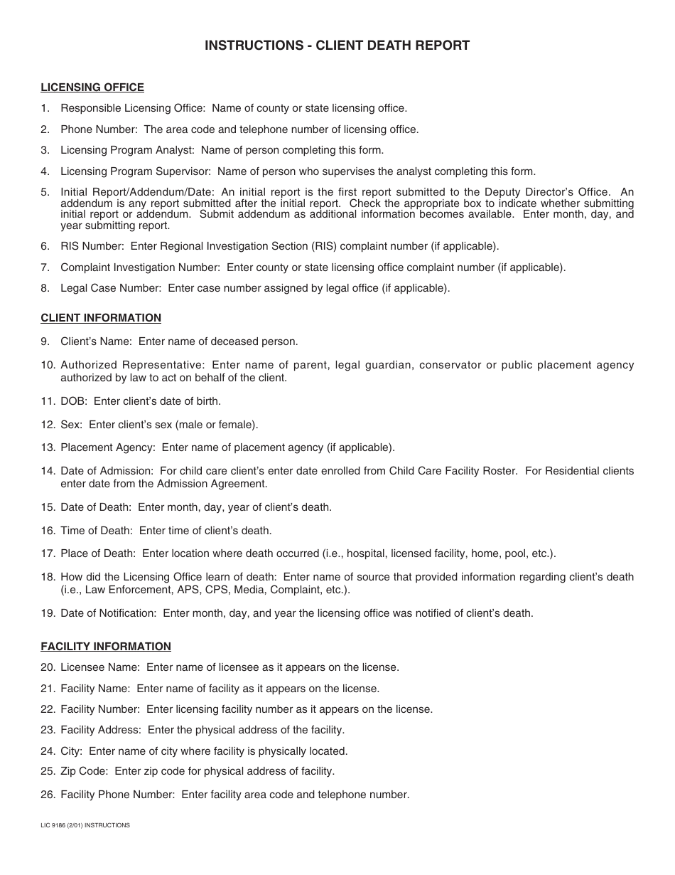 Form LIC9186 Client Death Report - California, Page 4