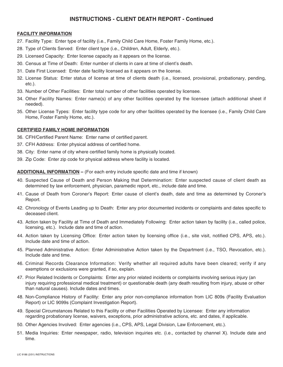 Form LIC9186 Client Death Report - California, Page 5