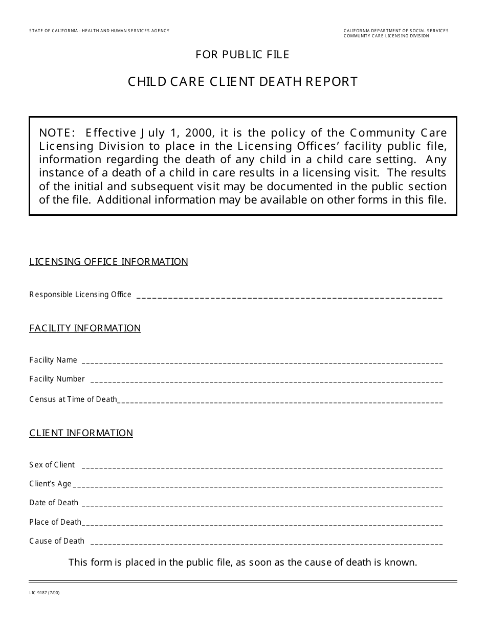 Form LIC9187 Child Care Client Death Report - California, Page 1