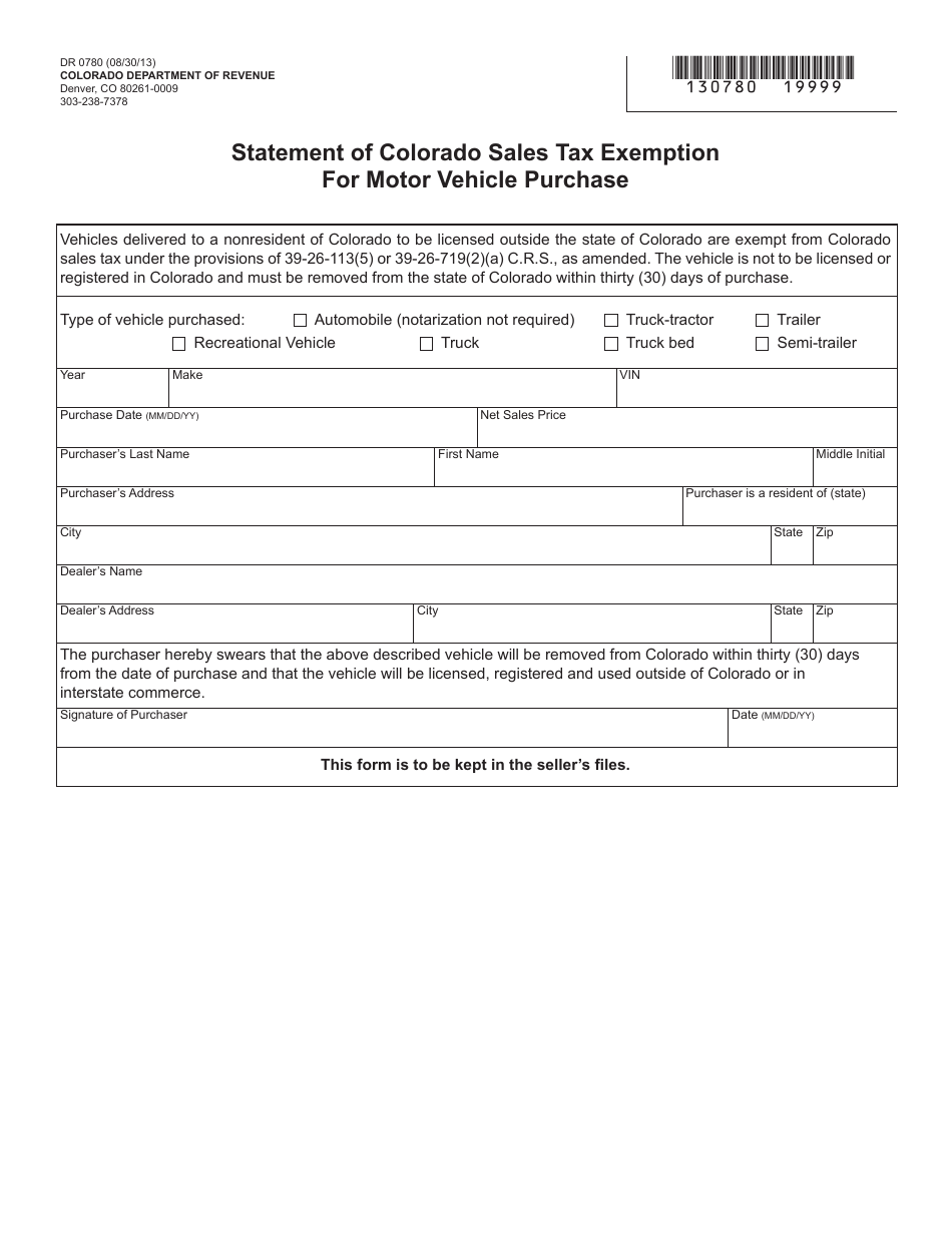 Form DR0780 Statement of Colorado Sales Tax Exemption for Motor Vehicle Purchase - Colorado, Page 1