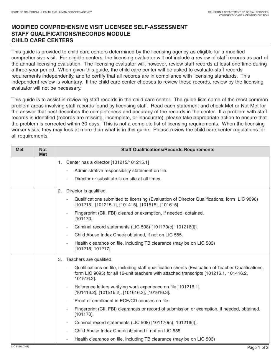 Form LIC9198 Modified Comprehensive Visit Licensee Self-assessment Staff Qualifications / Records Module Child Care Centers - California, Page 1