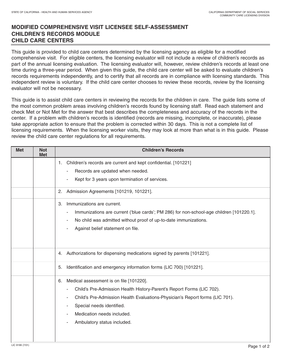 Form LIC9199 Modified Comprehensive Visit Licensee Self-assessment Childrens Records Module Child Care Centers - California, Page 1