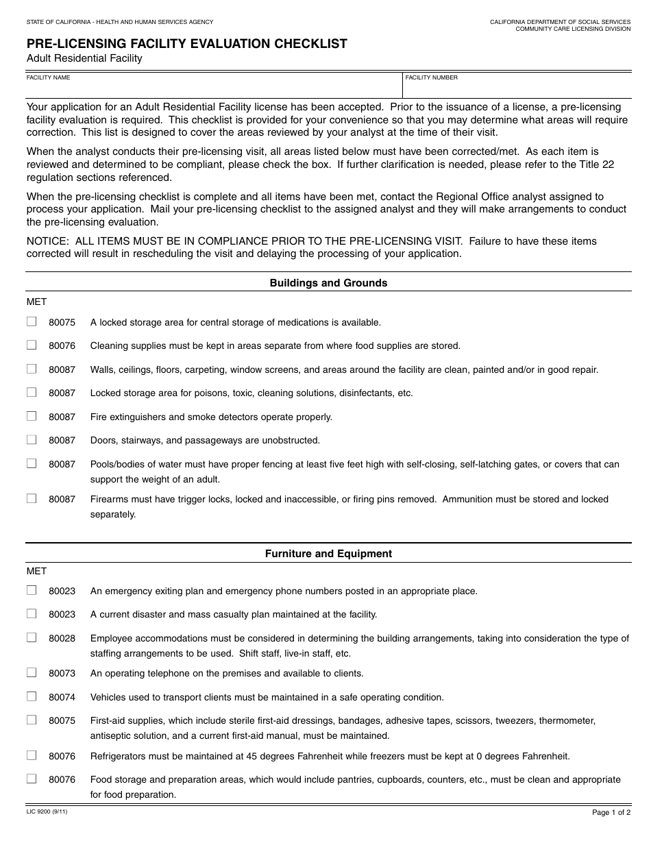 Form LIC9200 Pre-licensing Facility Evaluation Checklist - California, Page 1
