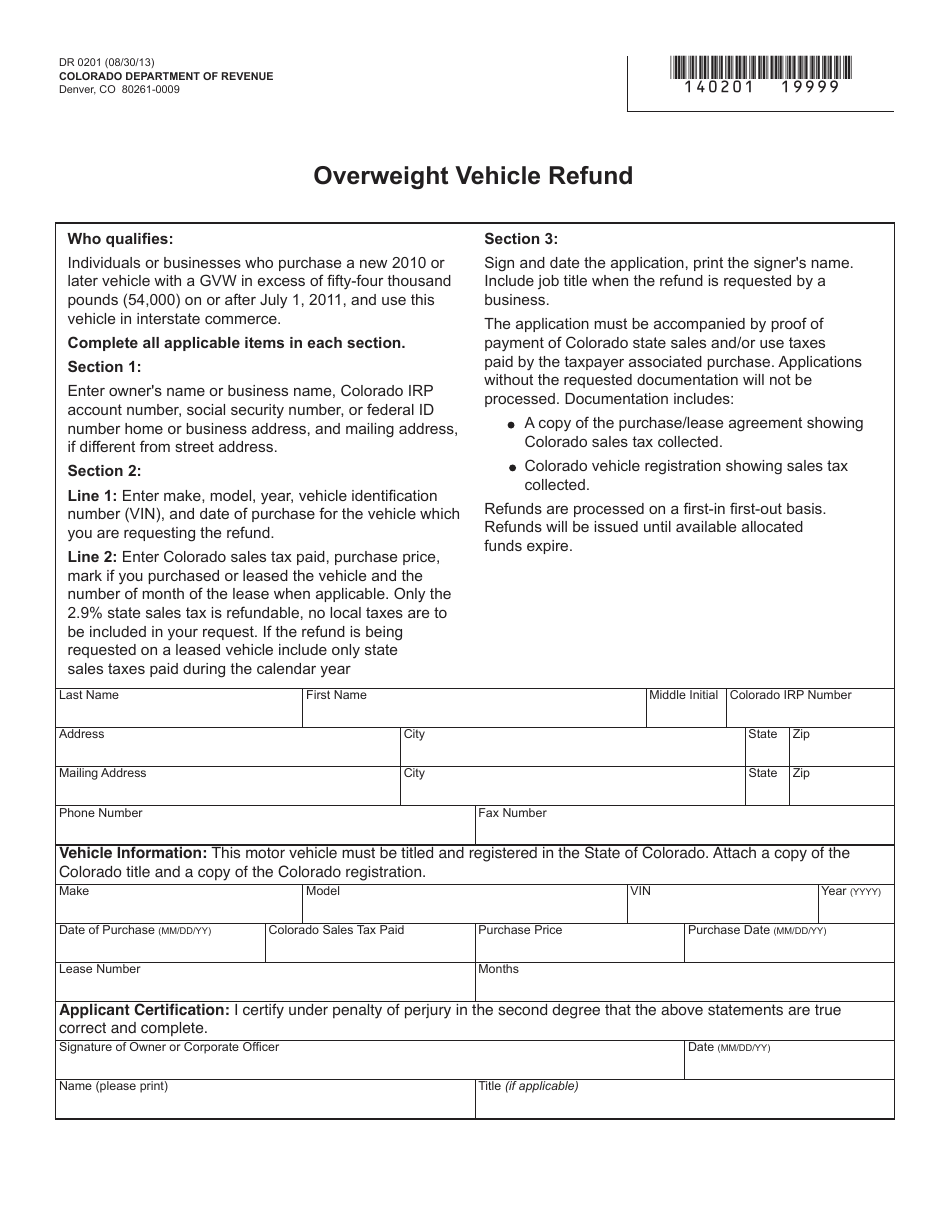 Form DR0201 Overweight Vehicle Refund - Colorado, Page 1