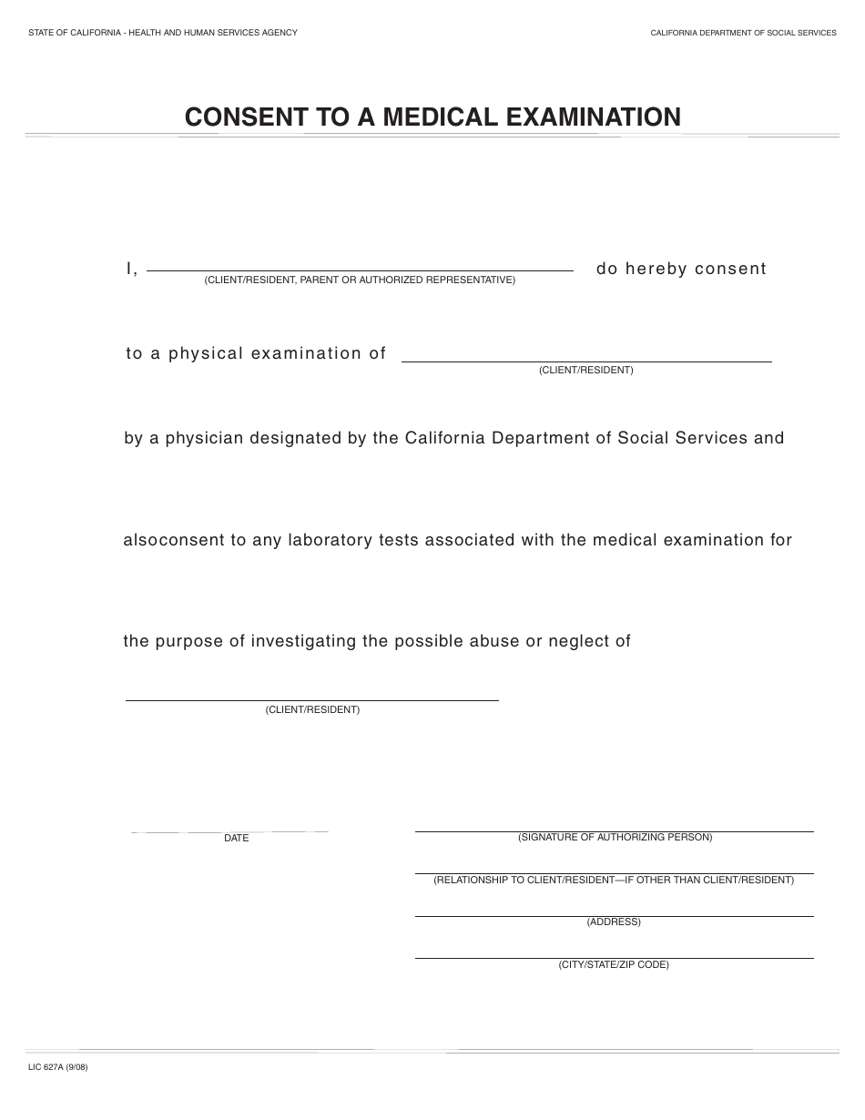 Form LIC627A Consent to a Medical Examination - California, Page 1