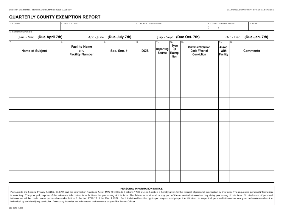 Form LIC9210 Quarterly County Exemption Report - California, Page 1