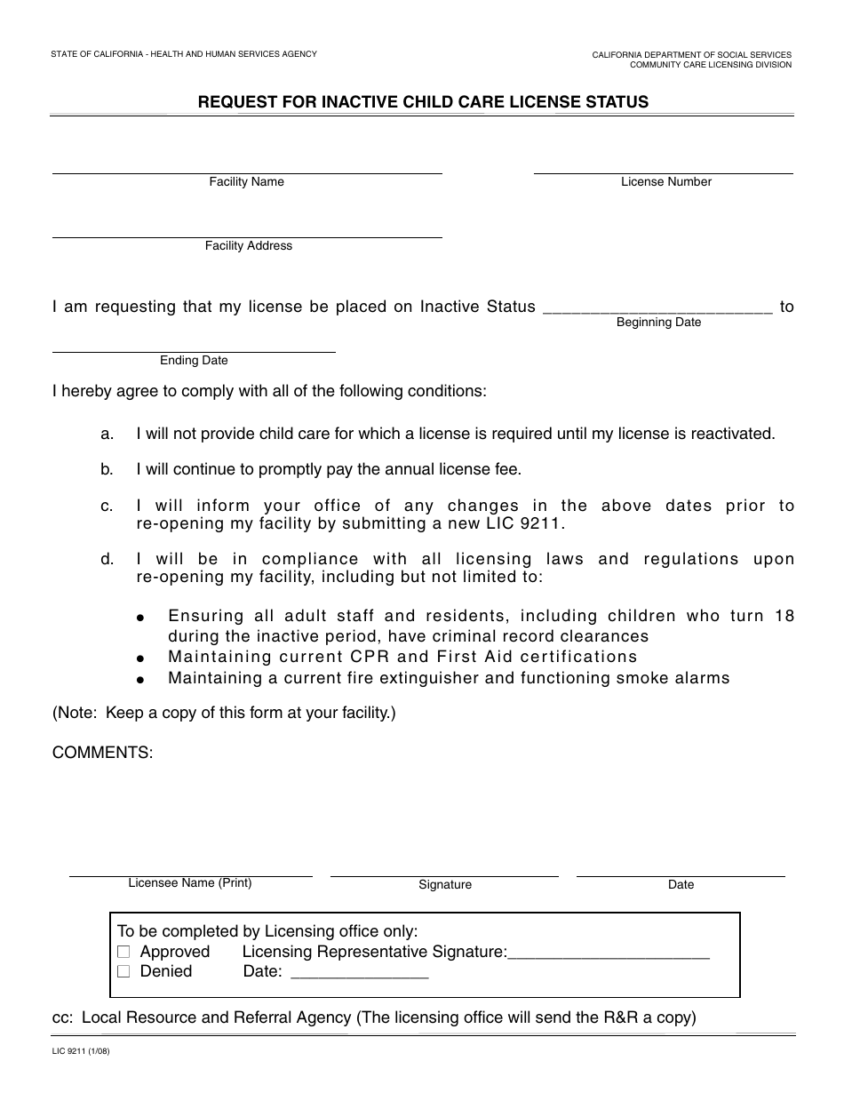 Form LIC9211 Request for Inactive Child Care License Status - California, Page 1