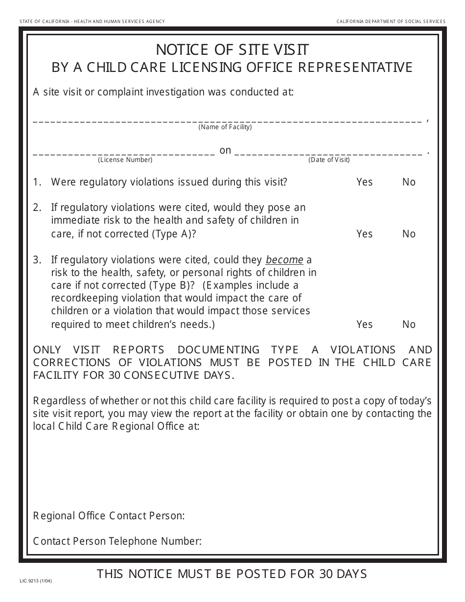 Form LIC9213 Notice of Site Visit - California, Page 1