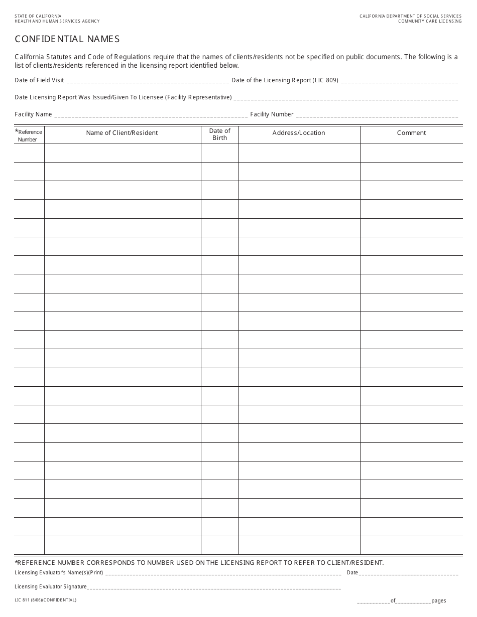 Form LIC811 Confidential Names - California, Page 1