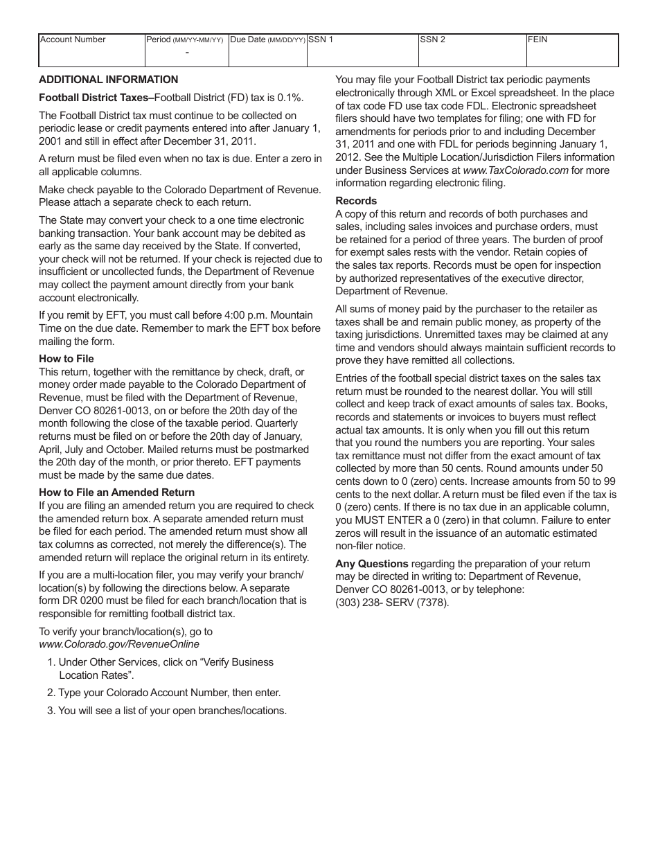 Form DR0200 Colorado Football District Sales Tax Returnsupplement - Colorado, Page 2