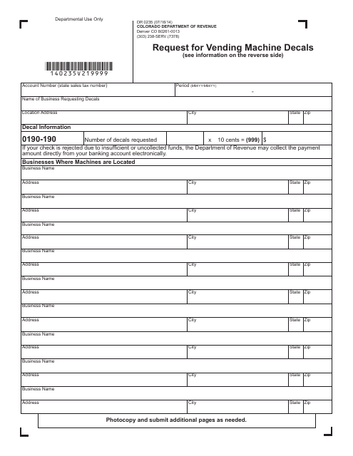 Form DR0235 Request for Vending Machine Decals - Colorado