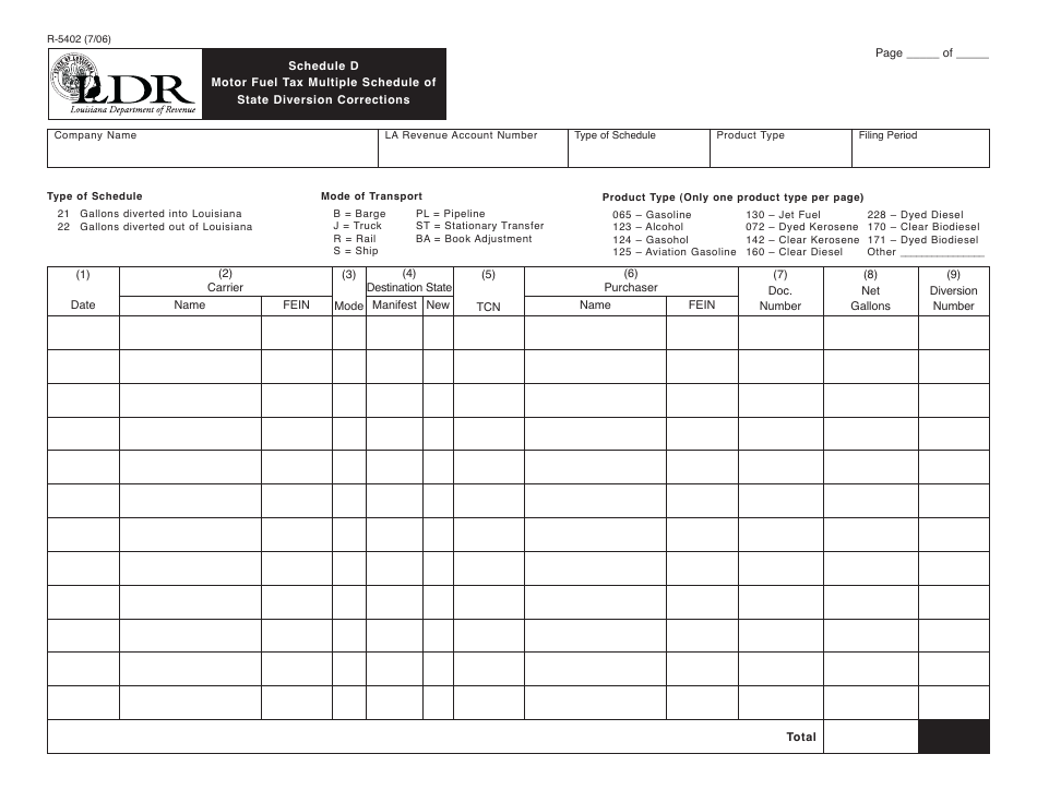 Form R-5402 Schedule D Motor Fuel Tax Multiple Schedule of State Diversion Corrections - Louisiana, Page 1