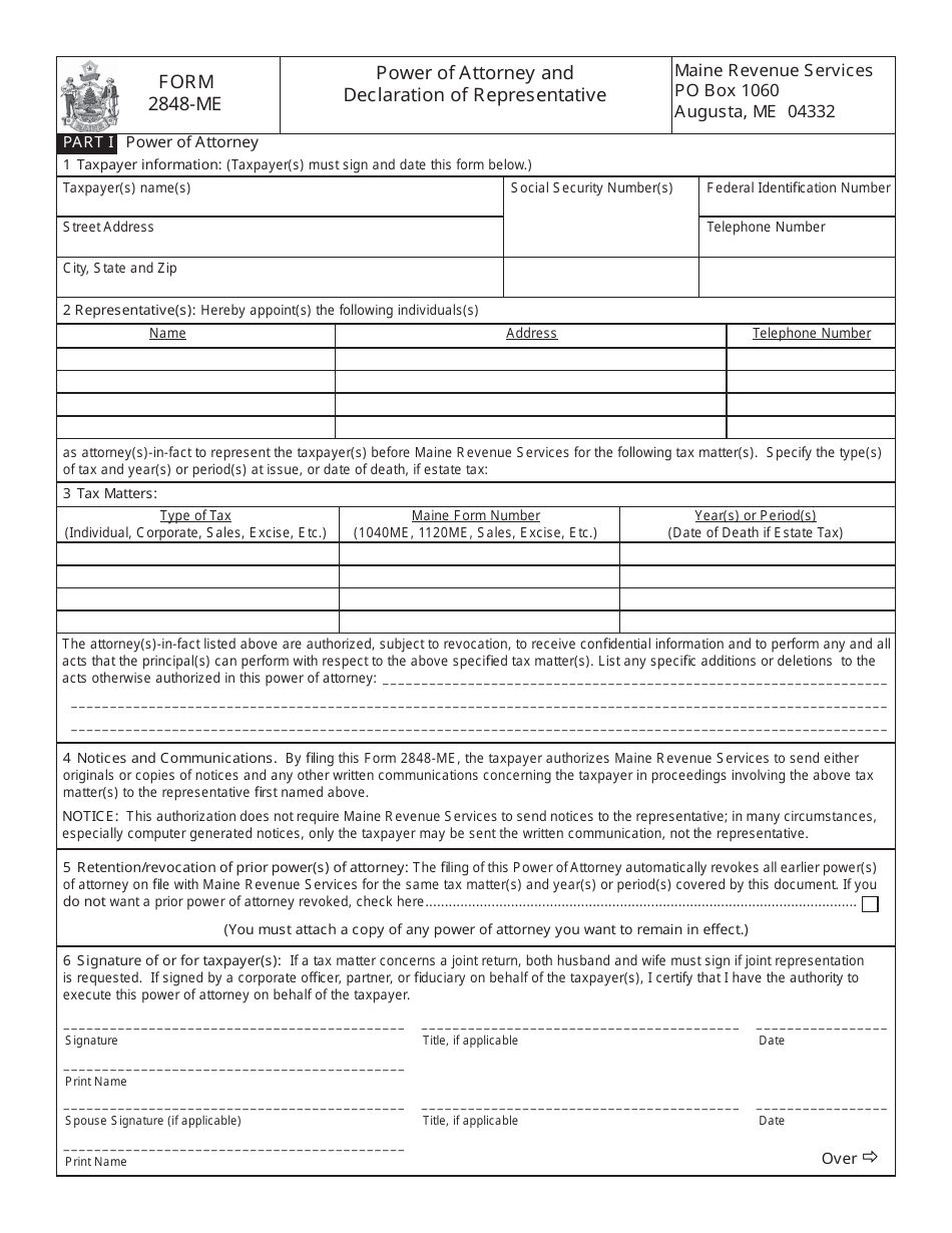 Form 2848-ME Power of Attorney and Declaration of Representative - Maine, Page 1