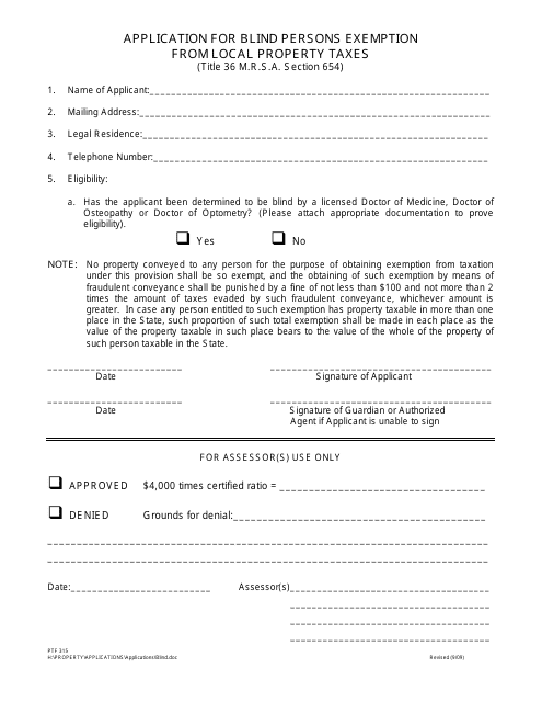 Form PTF315 Application for Blind Persons Exemption From Local Property Taxes - Maine