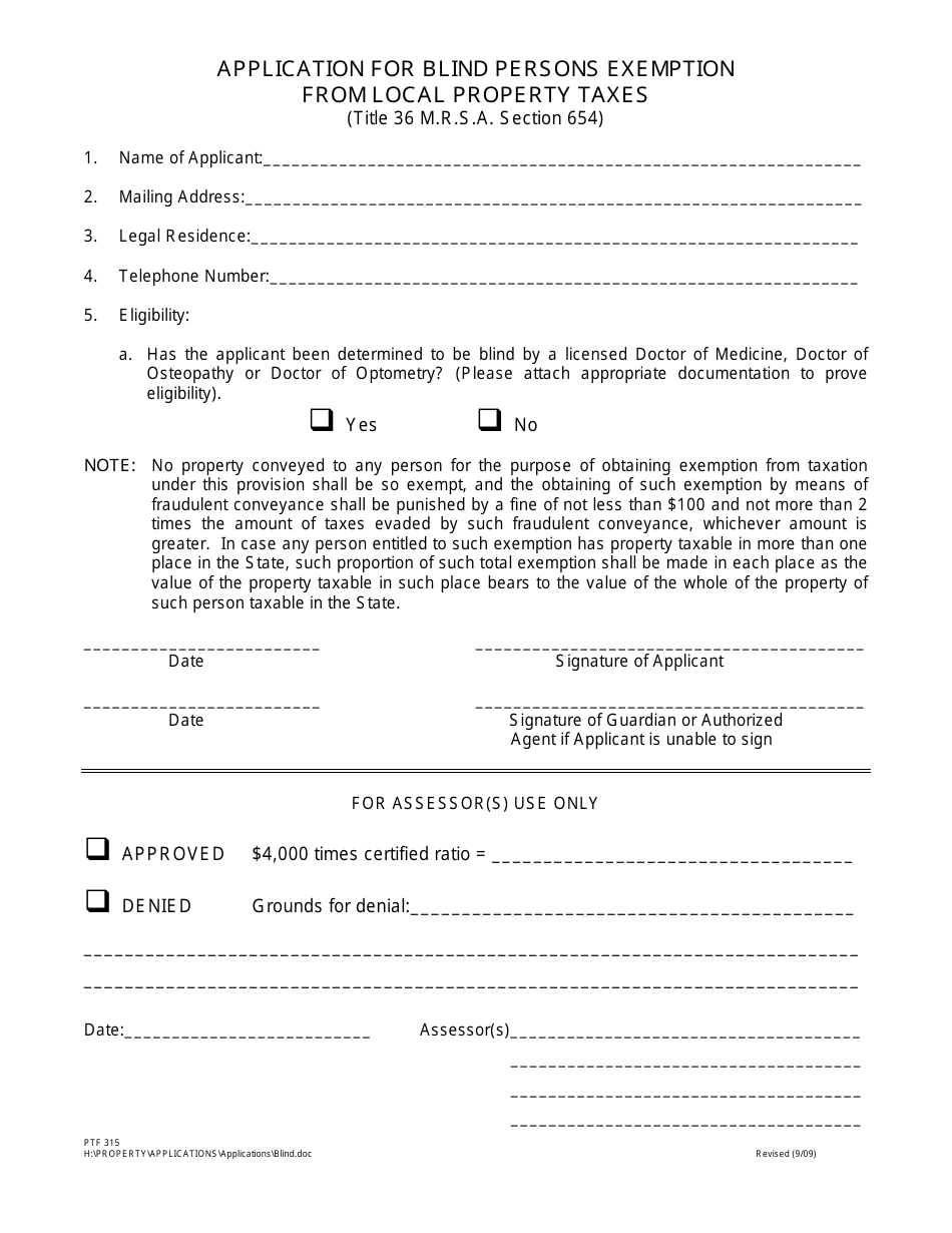 Form PTF315 Fill Out, Sign Online and Download Printable PDF, Maine