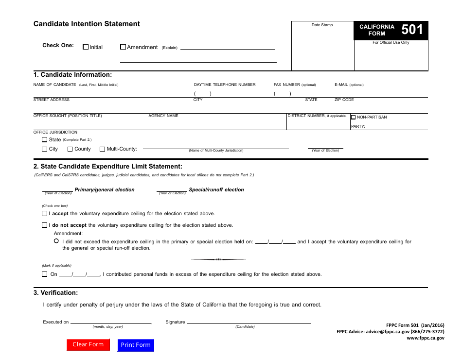 FPPC Form 501 Candidate Intention Statement - California, Page 2
