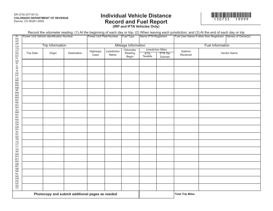 Form DR0735 Individual Vehicle Distance Record and Fuel Report - Colorado, Page 1