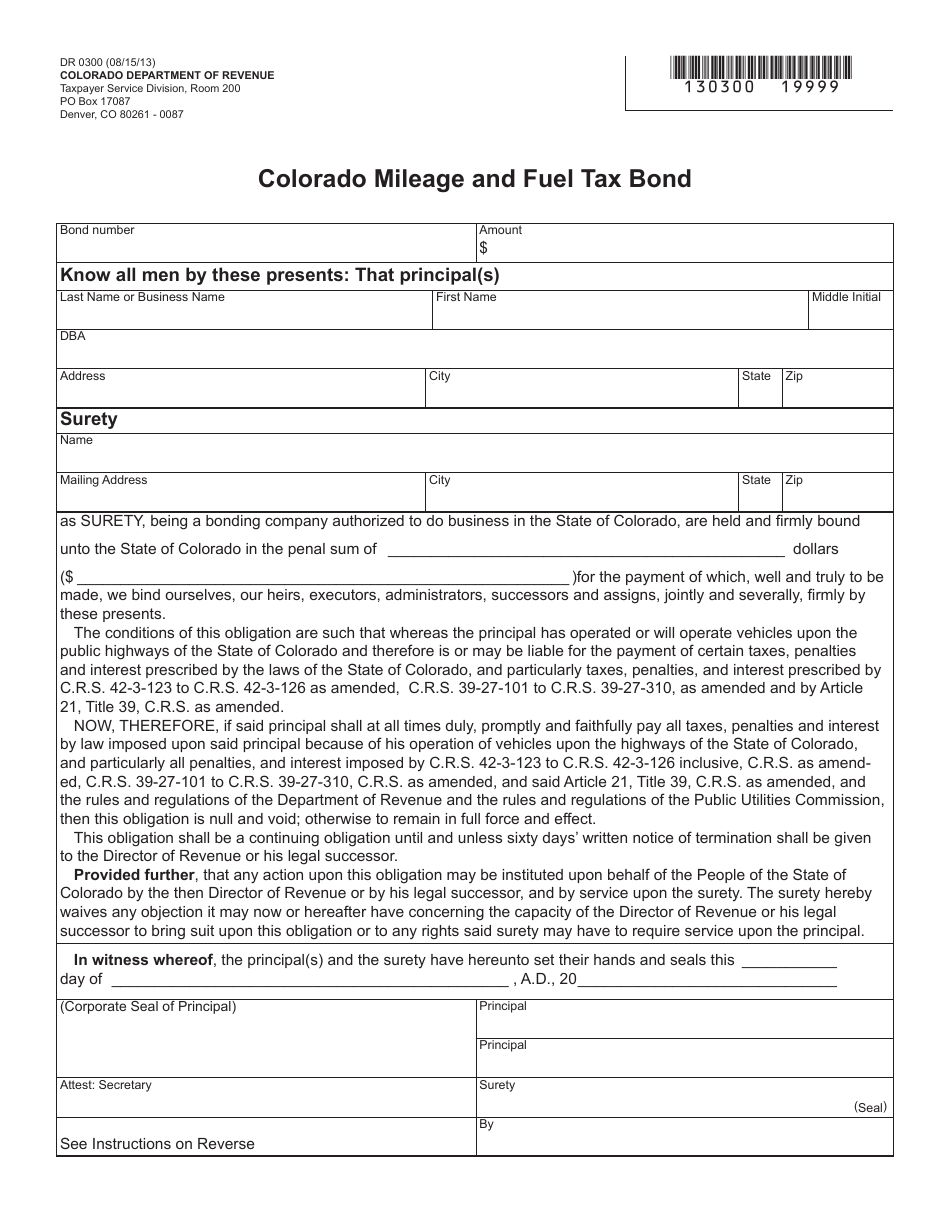 Form DR0300 Colorado Mileage and Fuel Tax Bond - Colorado, Page 1