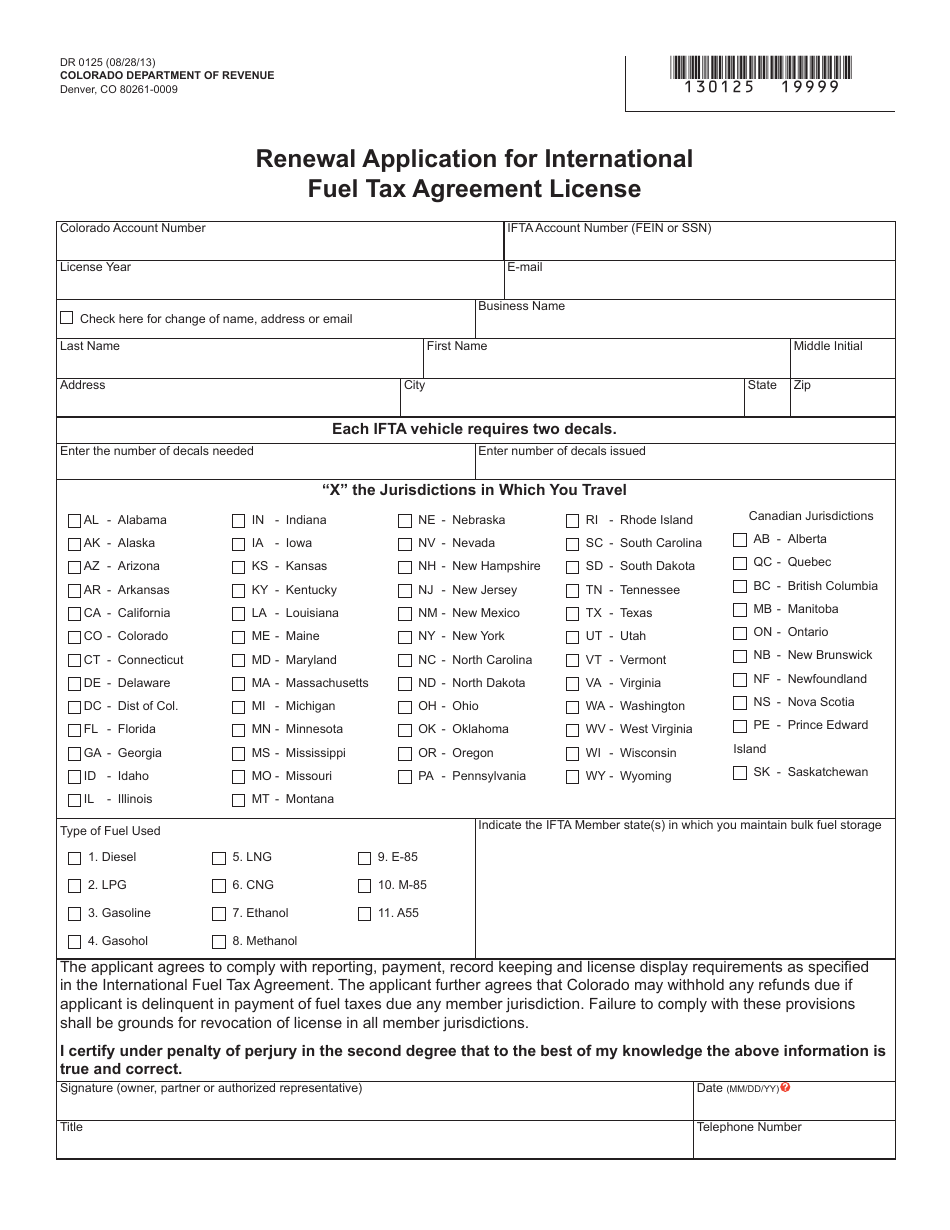 Form DR0125 Renewal Application for International Fuel Tax Agreement License - Colorado, Page 1