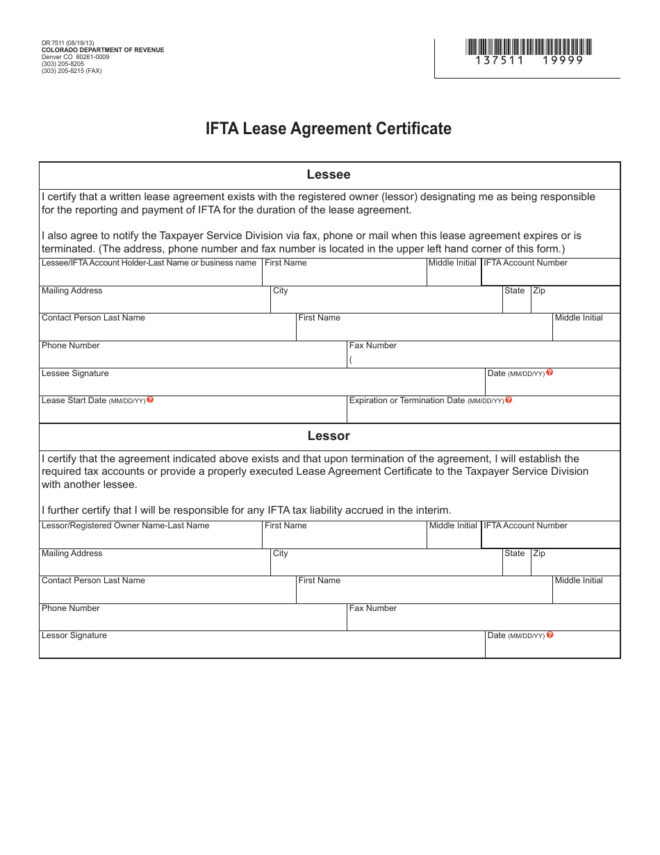 Form DR7511 Ifta Lease Agreement Certificate - Colorado, Page 1