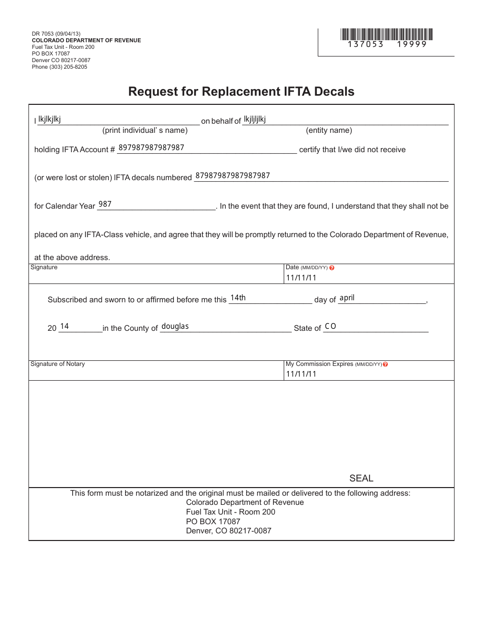 Form DR7053 Request for Replacement Ifta Decals - Colorado, Page 1