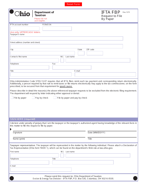 Form IFTA FBP Request to File by Paper - Ohio
